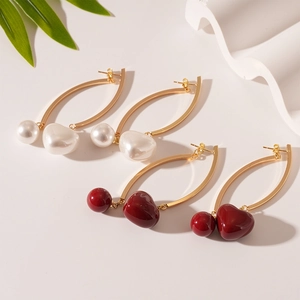 Heart Shaped Imitation Artificial Pearl Dangle Earrings With Silver Earring Post Alloy Curved Bar Retro Elegant Jewelry For Women