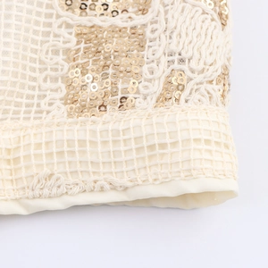 Elegant beige mesh dress set with gold sequins and detailed floral embroidery