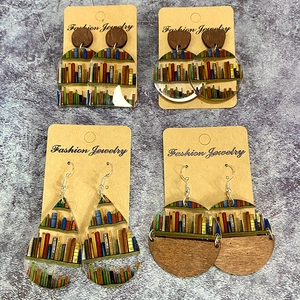 Creative Bookshelf Acrylic Earrings For Women Retro Wood Library Pattern Drop Dangle Jewelry For Teachers Book Lovers