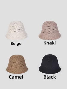 Grid display of four colors: beige, khaki, camel, and black hollow knit fisherman hats