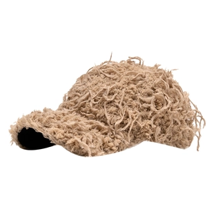 Fuzzy khaki plush baseball cap with long faux fur textured finish for winter fashion