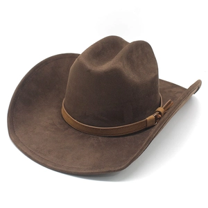 Classic brown suede western cowboy hat with decorative leather band and metal buckle