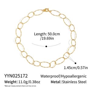 Detailed technical diagram of 18K gold plated stainless steel oval link necklace with dimensions