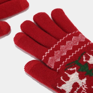 Close-up of red Christmas knit gloves featuring white reindeer and green festive patterns