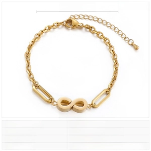 Size chart showing 180mm length and 18x8mm infinity charm on stainless steel bracelet