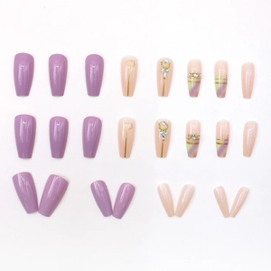 Press-on nail set with taro purple gradient, rhinestones and wire art details