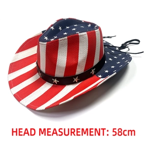 Detail view of American flag cowboy hat with 58cm head measurement text on white background