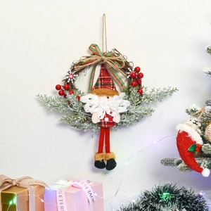 Festive Christmas twig wreath with plush Santa claus decor and natural pine needles