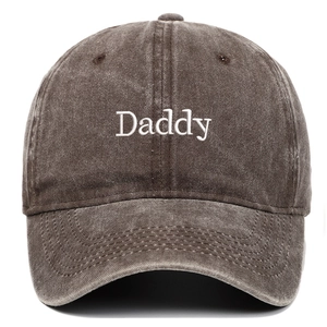 Vintage brown washed cotton baseball cap with white Daddy embroidery on the front