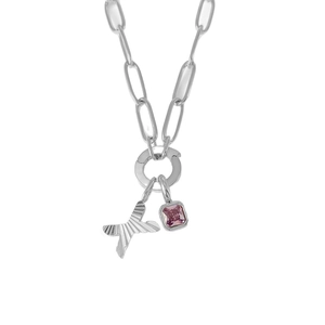 Elegante collana a graffetta d'argento con lettera X incisa e pendente con gemma di cristallo rosa
