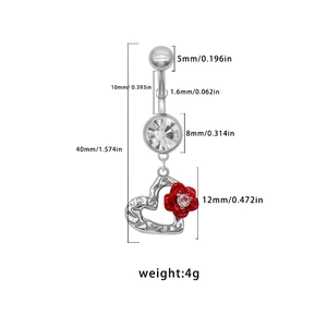 Tableau détaillé des tailles pour piercing de nombril avec pendentif fleur et dimensions en mm