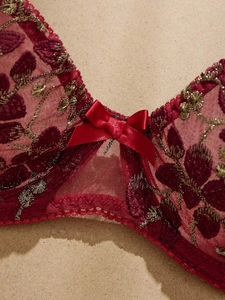Détail du bonnet de soutien-gorge en dentelle rouge avec broderie dorée et petit nœud