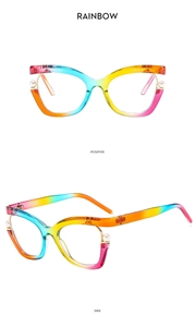 Detail view showing rainbow gradient cat-eye frame with elegant pearl accents on hinges