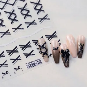 Vintage black plaid nail art stickers TS-4010 with bow designs and French style finish