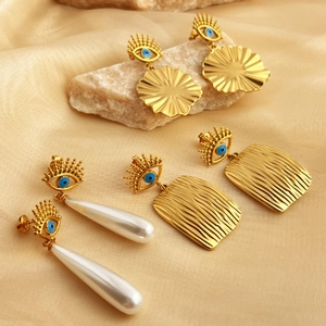 Evil Eye Drop Earrings 18K Gold Plated Stainless Steel With Artificial Pearl Vintage French Style For Women
