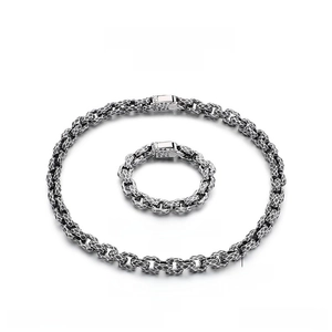 Detailed texture of retro hammered finish on heavy stainless steel jewelry set