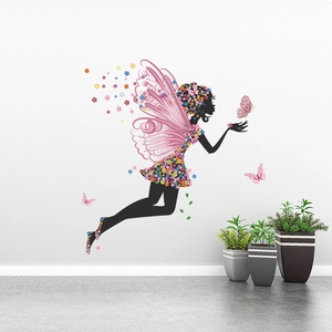 Sticker mural fée fleur rose avec silhouette noire et fleurs colorées pour décor de chambre