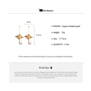 Detail showing 18k gold plated woven water drop earrings with pearls and dimensions