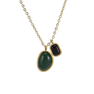 Collier Double Pendentif en Agate Verte Irrégulière en Acier au Titane Pierre Noire Géométrique Plaque Or Bijoux Femme