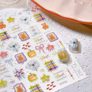 Adesivi per unghie jelly TL-367 con simpatici orsetti, fiocchi e motivi floreali colorati