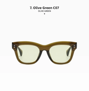 Detail view of olive green square frame sunglasses with double metal rivets and yellow lenses