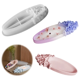 Silicone Mold Flower Embossed Oval Tray Rose DIY Resin Plaster Casting Candle Holder Jewelry Plate Home Decor