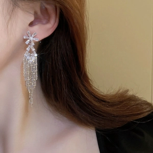 Close-up of elegant silver needle tassel earrings with diamonds worn by a model