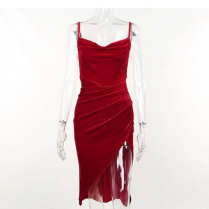 Detailed view of red velvet cowl neck dress with a slim fit and side slit design