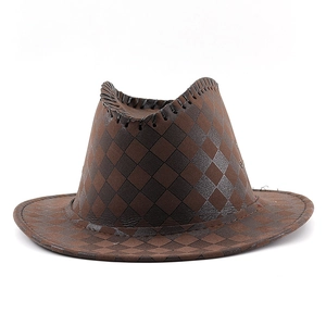 Detail of dark brown checkered cowboy hat with hand-stitched seams and matte texture