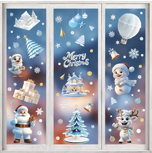 Stickers de Noël 3D avec Père Noël, renne et bonhomme de neige sur vitrage blanc