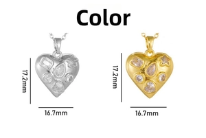 Detailed view of silver and gold heart pendants with embossed crystals and size specs