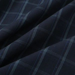 Navy and light blue plaid poplin shirt fabric with high-quality woven texture detail
