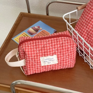 Red gingham quilted cotton makeup bag with large capacity and side handle strap