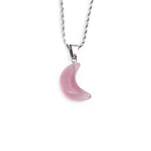 Pink crescent moon pendant necklace with silver rope chain on a clean white background