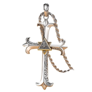 Retro hip-hop silver cross necklace with golden all-seeing eye design on white background
