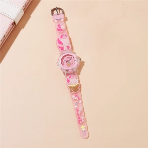 Detailed view of pink unicorn kids watch with 3D rainbow strap and clear dial