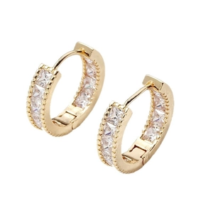 Chic gold hoop earrings with square clear zircon stones in a minimalist huggie design
