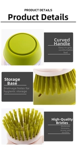 Detail of kitchen scrub brush with ergonomic handle, durable bristles, and draining base
