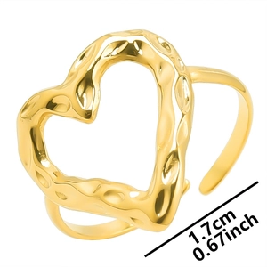 Adjustable golden stainless steel open ring with irregular hollow heart lava texture