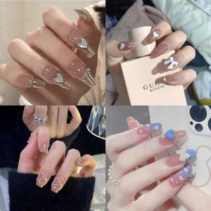 Glossy French Tip False Nails With Heart Bow Rhinestone Design Long Coffin Almond Press On Nails For Women Manicure