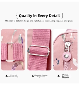 Detail view of pink crossbody bag with metal buckles and FANCY branded zipper