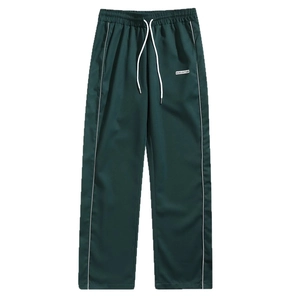 Men's dark green jogger pants with white drawstring and side stripe details