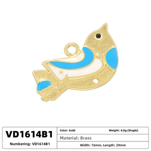 Detail view of colorful enamel bird pendant showing dimensions 16mm by 29mm and weight 4.0g