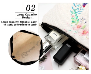 Detail view of large capacity waterproof canvas makeup bag with floral print and inner lining