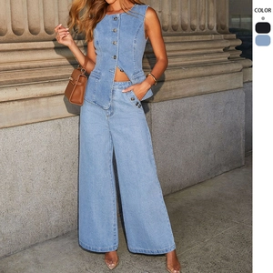 Ensemble Denim Femme Top Et Bottom Gilet Sans Manches à Simple Boutonnage Et Pantalon à Jambe Large Taille Haute Tenue Décontractée