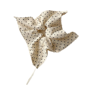 Cream polka dot scrunchie with a bow ribbon, elegant French style hair tie accessory