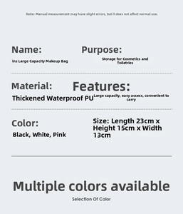 Size specifications for the large PVC makeup bag with dimensions 23x15x13cm