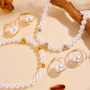 Stainless Steel Faux Artificial Pearl Necklace And Hoop Earrings Jewelry Fashion Minimalist Luxury For Women