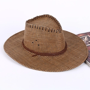Classic brown checkered western cowboy hat with rope trim and metal eyelets on white back
