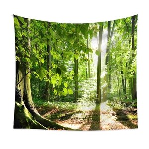 Close-up of the HD printed forest tapestry fabric showing the sun rays and leaf details